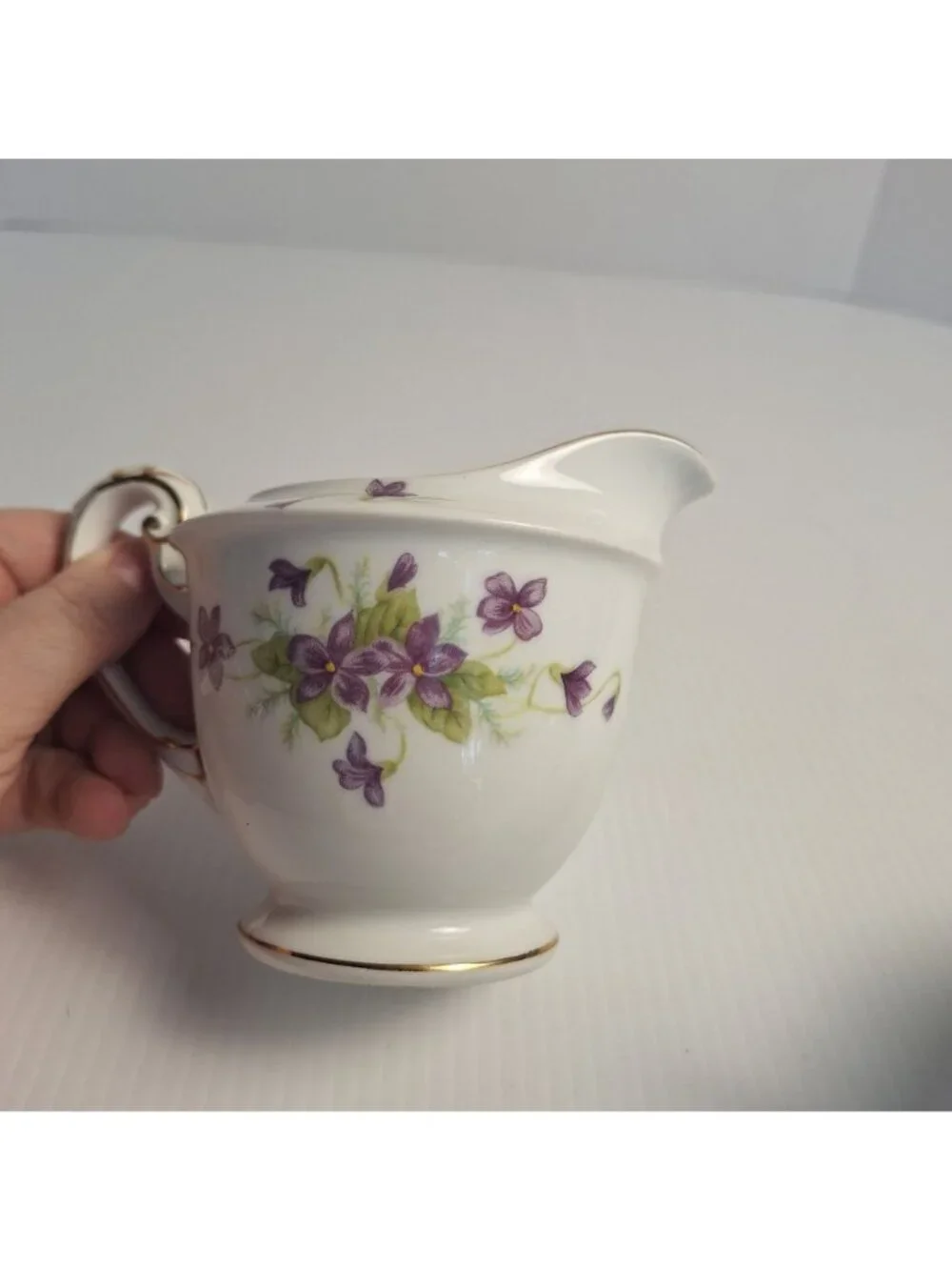 WENTWORTH CHINA JAPAN PURPLE FLORAL GOLD TRIM CREAM AND LIDDED SUGAR SET VIOLA